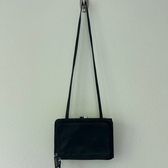 Vintage fossil leather crossbody pockets multi compartment Y2K minimalist black - Picture 15 of 16